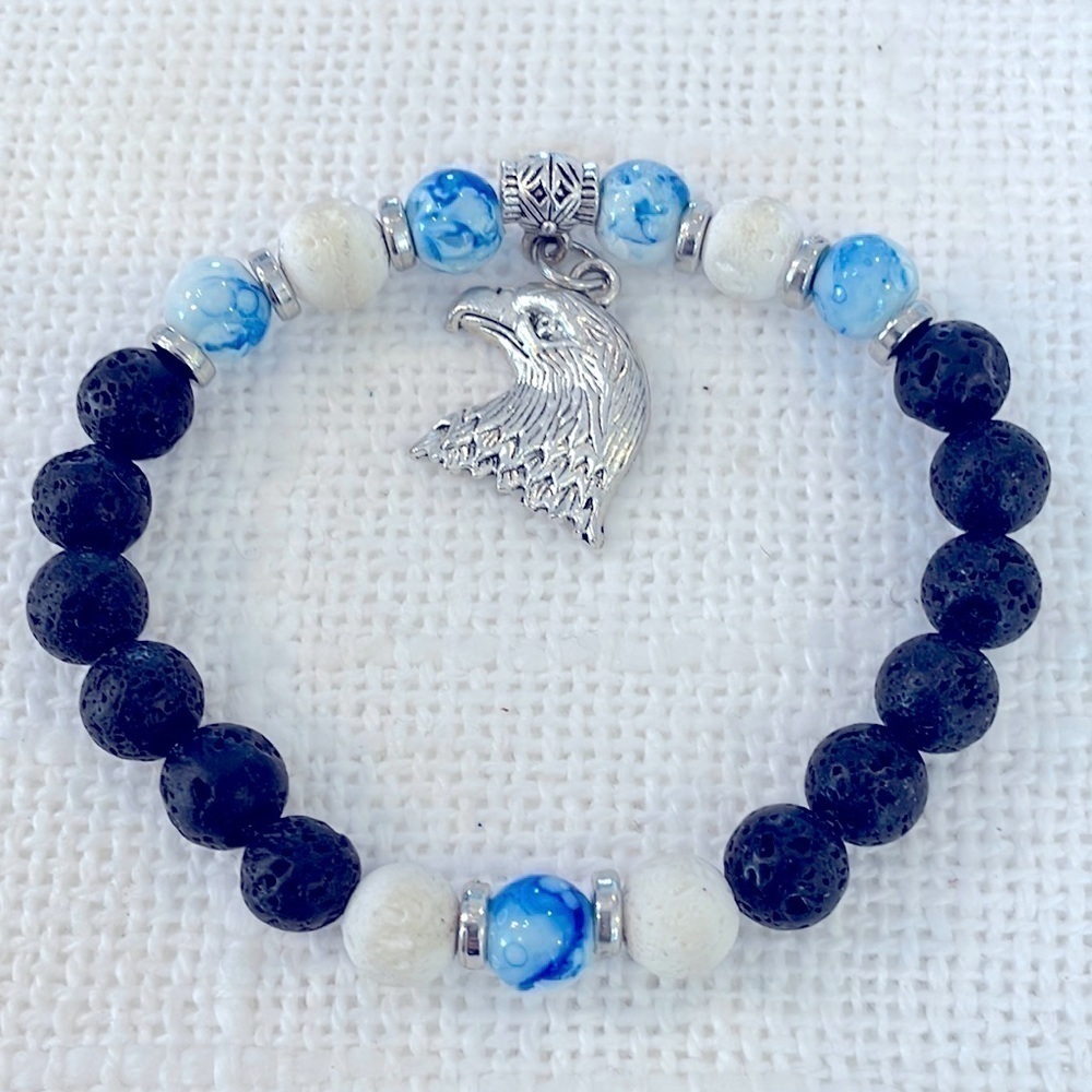 Lava rock blue natural stone silver Eagle charm stretch bracelet